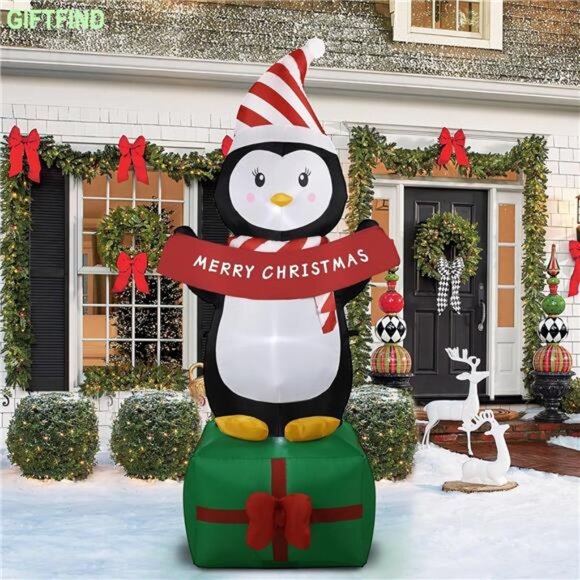 6FT Christmas Penguin Inflatables Decoration with LED Lights, Blow Up Decoration - Picture 2 of 6